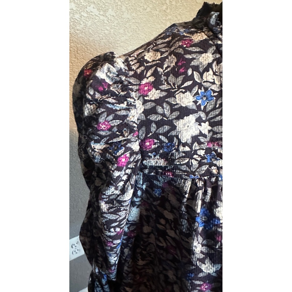 Democracy Womens Floral V-Neck Ruffle Blouse Blue 3/4 Sleeve Top L Cottagecore - Picture 3 of 16